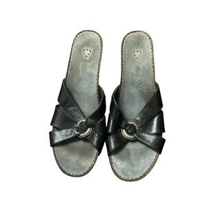 Ariat Womens Cowgirl Slides Sandals Black Leather Mid Heel Wedge Slip On
